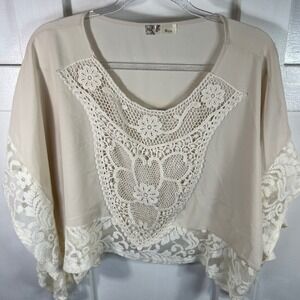 Miin Cream Lace Trim V-Neck Crop Top Kimono Sleeve Small 19848